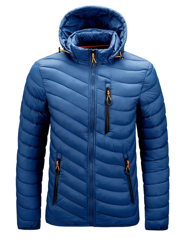 Blue male warm jacket with removable hood, zippered closure, and pockets; made of windproof polyester. Model SF1865.