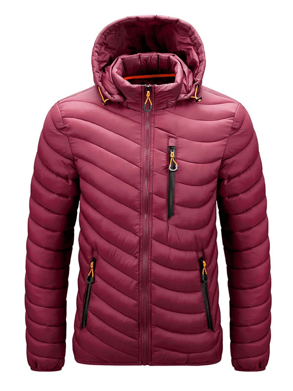 Stylish male warm jacket with removable hood, zippered closure, and pockets, in wine red color; perfect for winter protection and comfort.