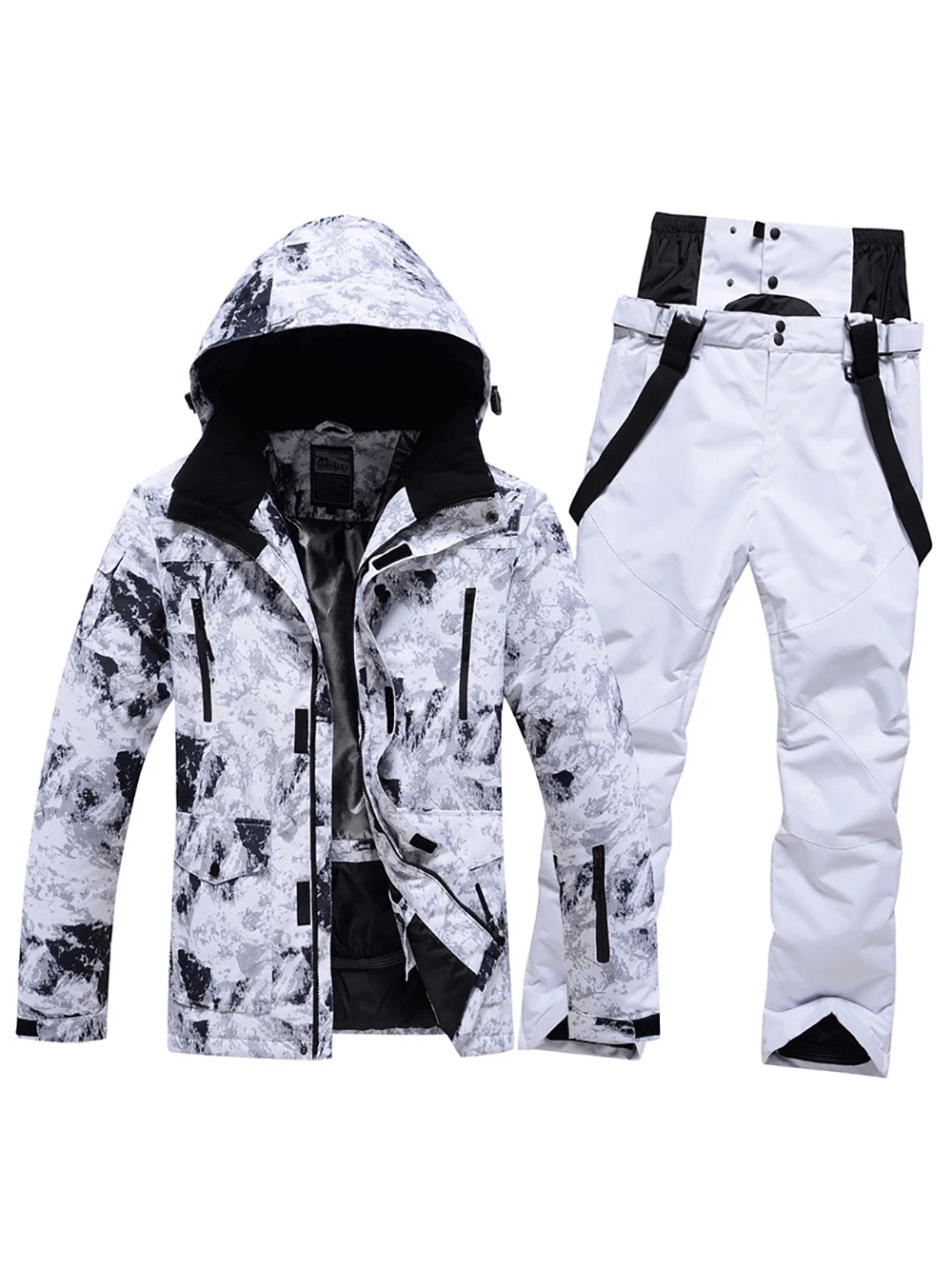 Men's waterproof ski jacket and pants set in black and white, featuring hood and adjustable cuffs, perfect for winter sports.