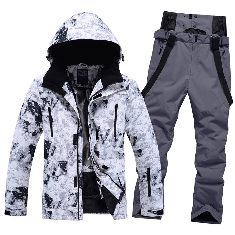 Men's waterproof ski hooded jacket and pants set, SF2068, in durable material for outdoor sports, featuring adjustable cuffs and thermal lining.