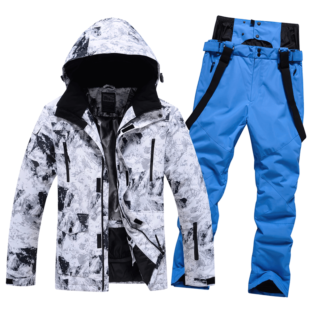 Stylish men's ski jacket and pants set, waterproof and windproof, perfect for winter sports. Durable material with adjustable cuffs.