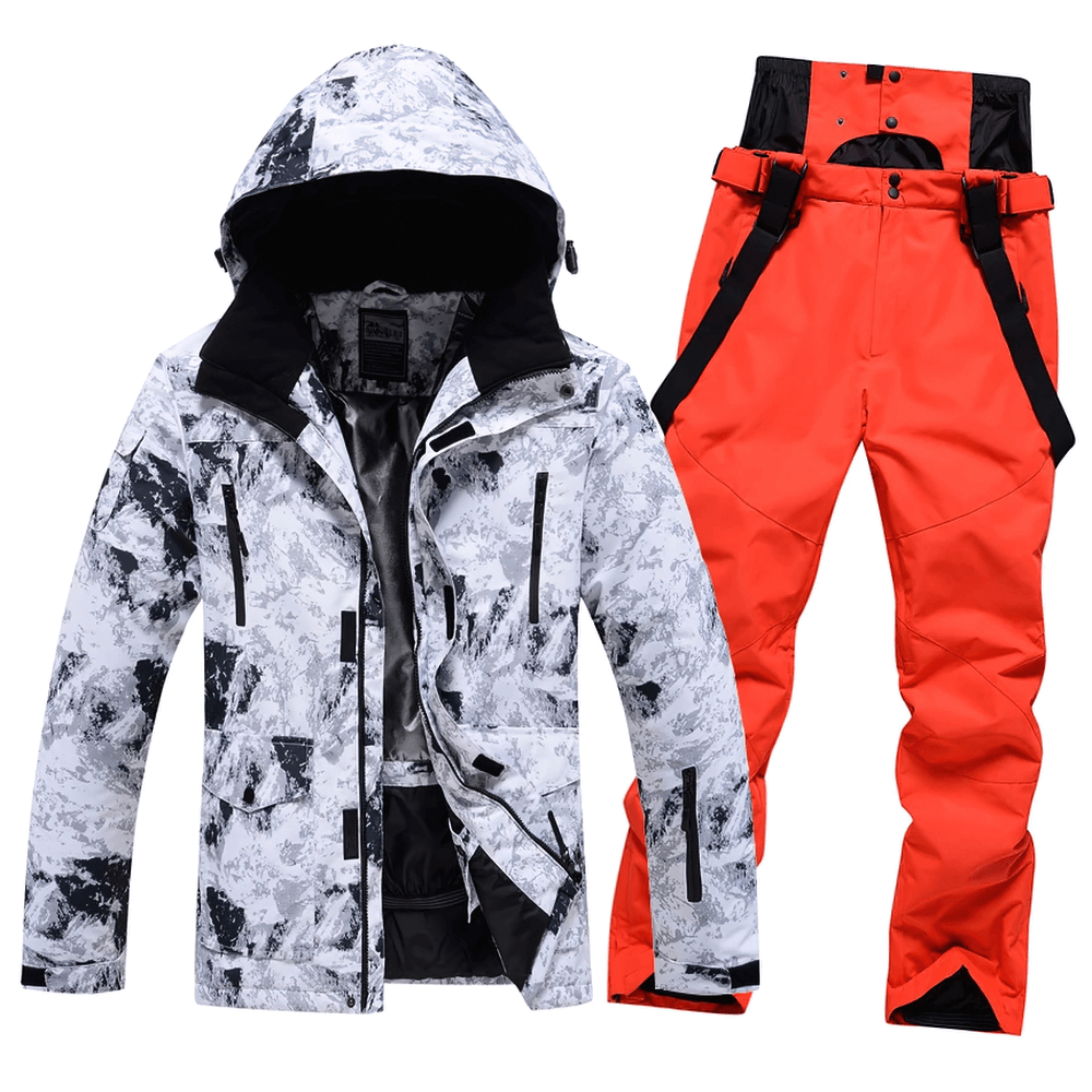 Men's ski jacket and pants set - waterproof, windproof winter activewear for outdoor sports, featuring stylish design and thermal lining.