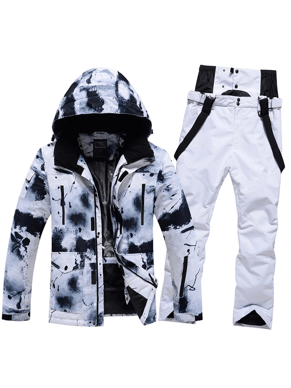Men's waterproof ski jacket and pants set in black and white, durable winter outerwear for skiing, with adjustable cuffs and thermal lining.