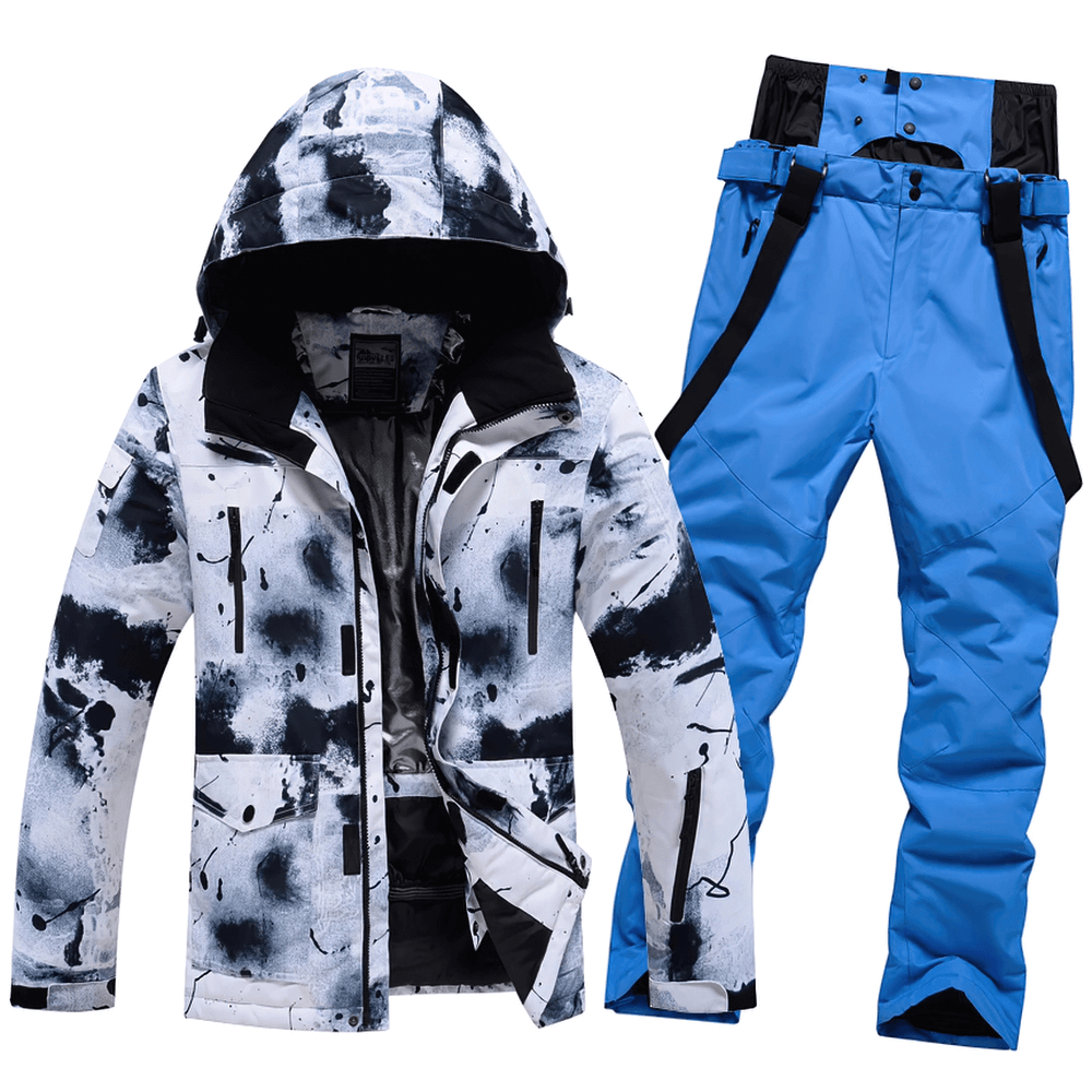 Men's waterproof ski jacket and pants set in blue and black, featuring adjustable cuffs and thermal lining for outdoor sports.