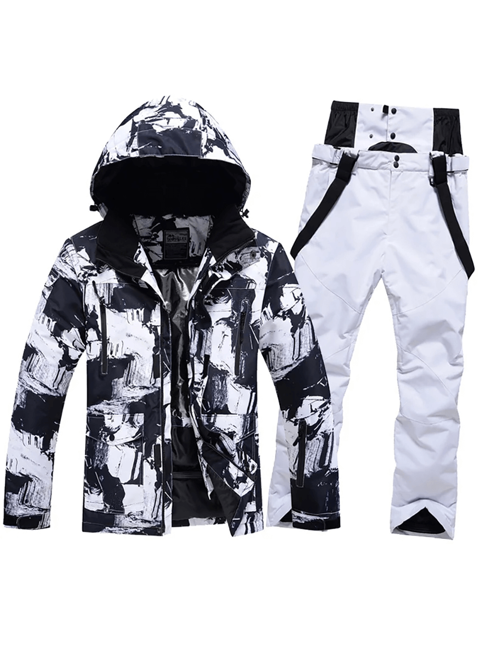 Men's Ski Suit: Black & White Hooded Jacket and White Pants Set for Outdoor Winter Sports - Waterproof & Stylish, Model SF2068