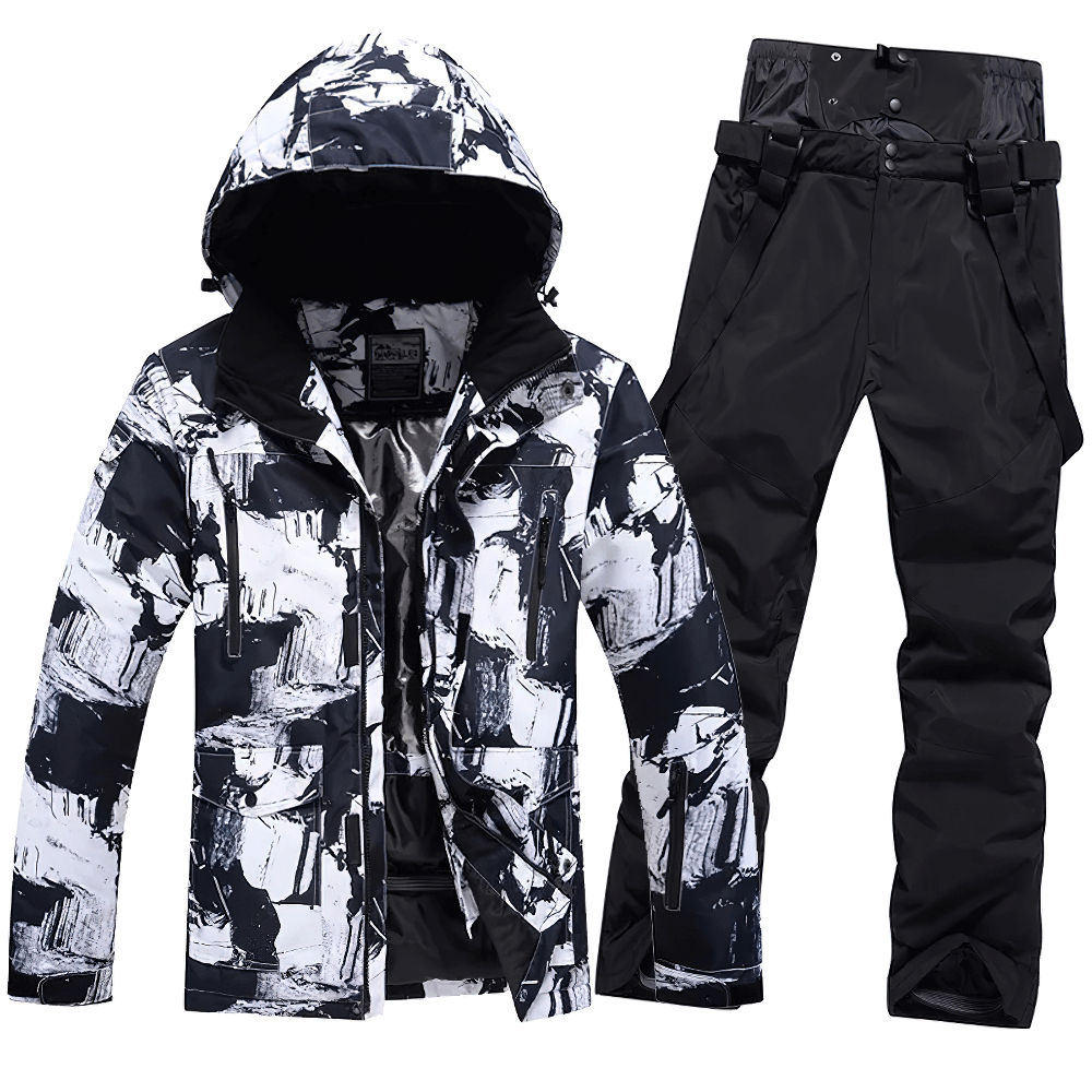 Male warm ski hooded jacket and pants set SF2068 in black and white, ideal for outdoor activities, waterproof and windproof for winter.