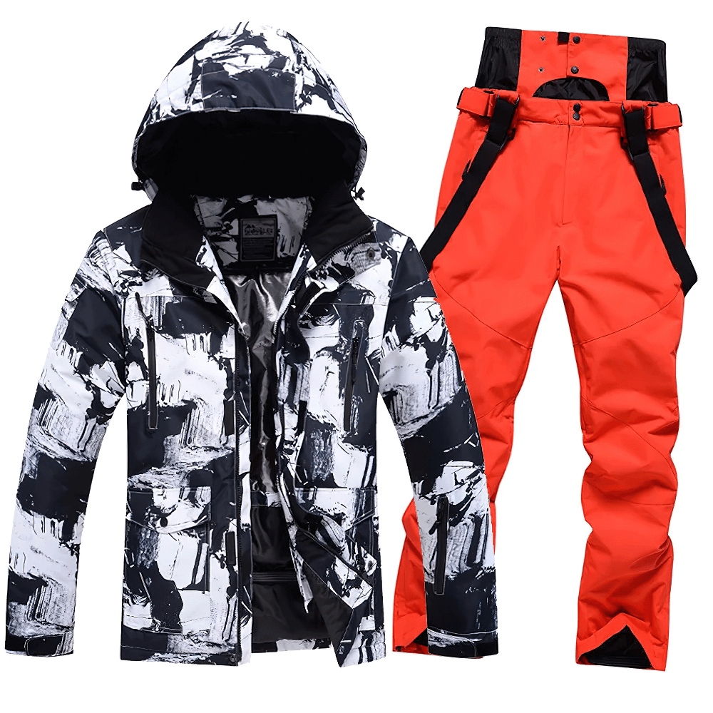Men's black and white ski jacket with hood and red pants set SF2068, waterproof and windproof for winter sports