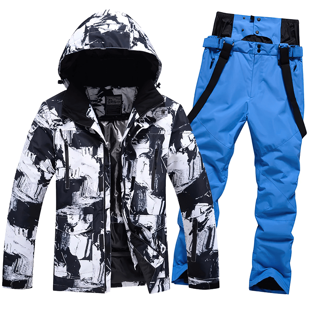 Male Warm Ski Hooded Jacket and Pants Set SF2068 for outdoor sports, waterproof and windproof, stylish black and blue design.