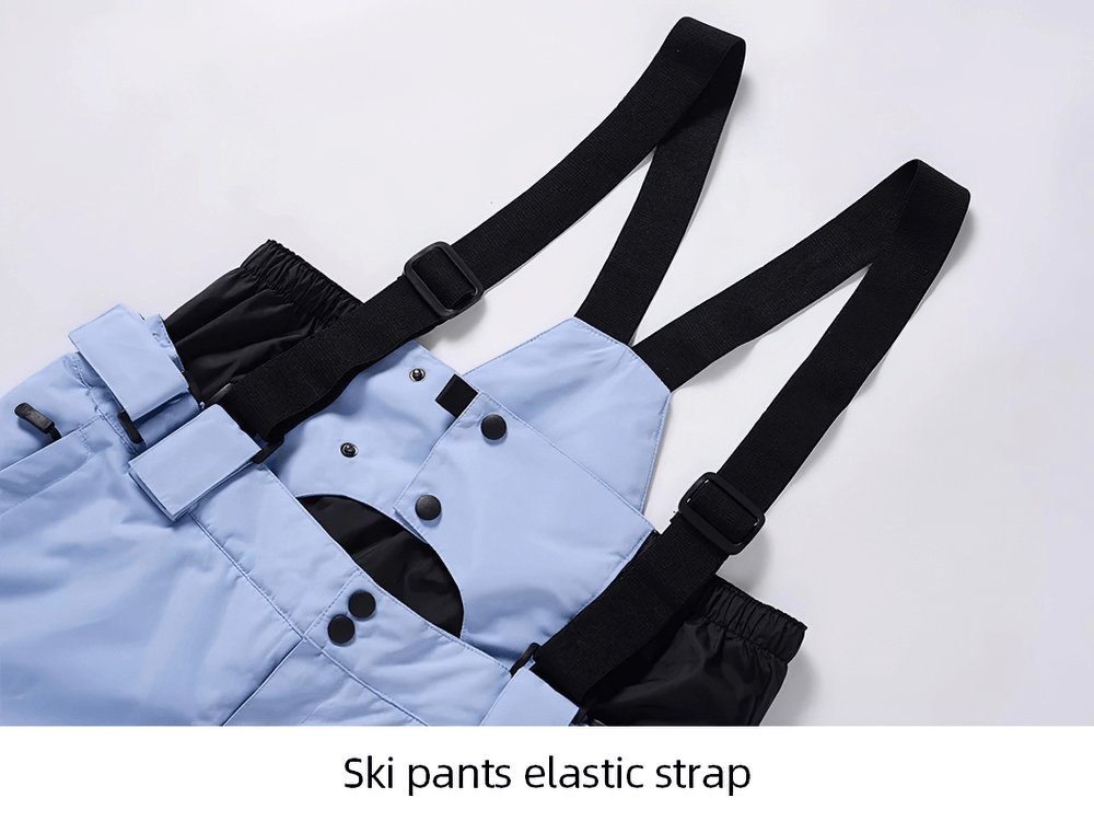 Light blue ski pants with adjustable black elastic straps, designed for durability and comfort during outdoor winter sports.