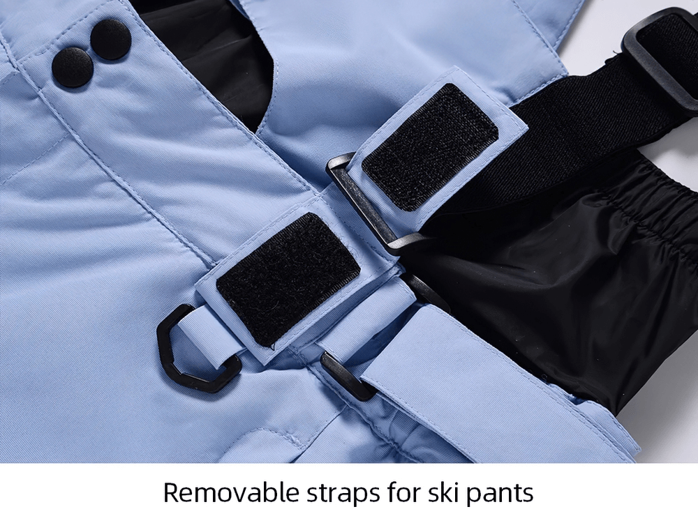 Close-up of removable straps on blue ski pants for men's outdoor ski suit, ensuring a secure fit during active sports.