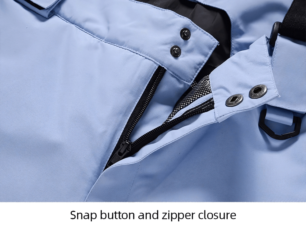 Close-up of men's ski jacket with snap button and zipper closure for secure fit