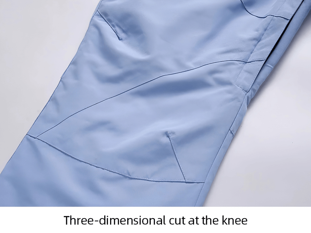 Close-up of ski pants with three-dimensional knee cut for extra flexibility.
