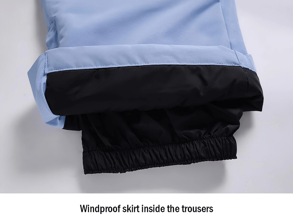 Close-up of windproof skirt inside men's ski pants, part of a durable winter ski suit set, SF2068, designed for outdoor sports.
