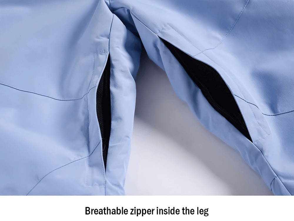 Close-up of breathable zipper inside the leg of men's ski pants, part of the waterproof and windproof ski set SF2068.