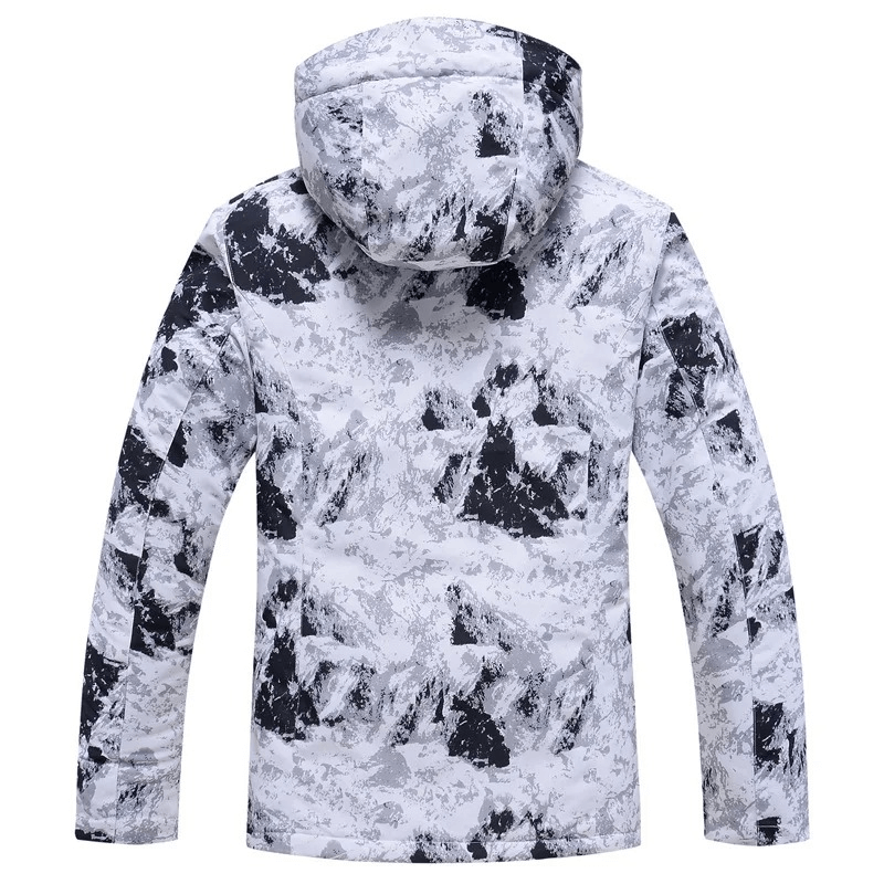 Men's waterproof ski jacket in black and white, featuring a modern design, hood, and durable material for outdoor winter sports.