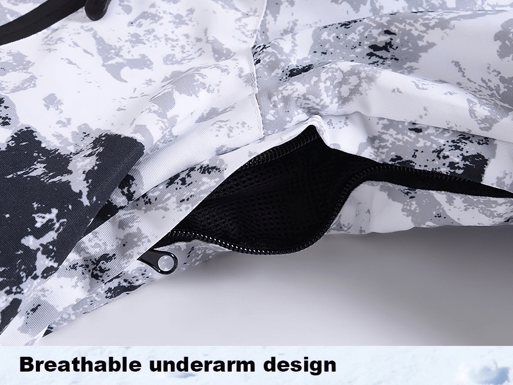 Close-up of breathable underarm design on men's ski jacket in black and white pattern, offering ventilation for active outdoor sports.
