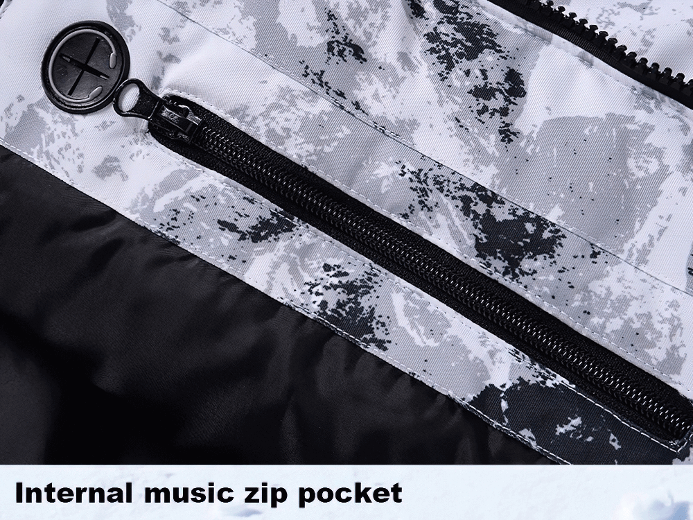 Close-up of ski jacket's internal music zip pocket, perfect for keeping gadgets secure while skiing or snowboarding.