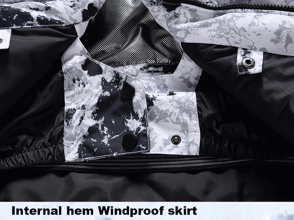 Close-up of a ski jacket's internal windproof skirt with secure buttons and sleek design, part of the Male Warm Ski Hooded Jacket SF2068.