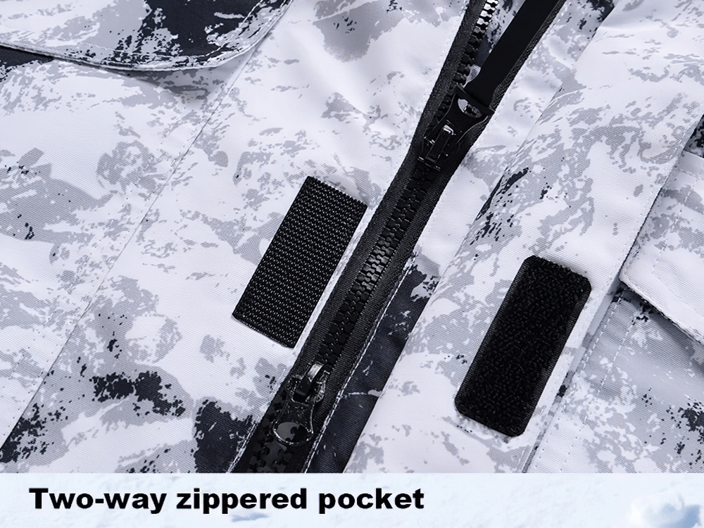 Close-up of a two-way zippered pocket on a camo ski jacket, highlighting durability and functionality.