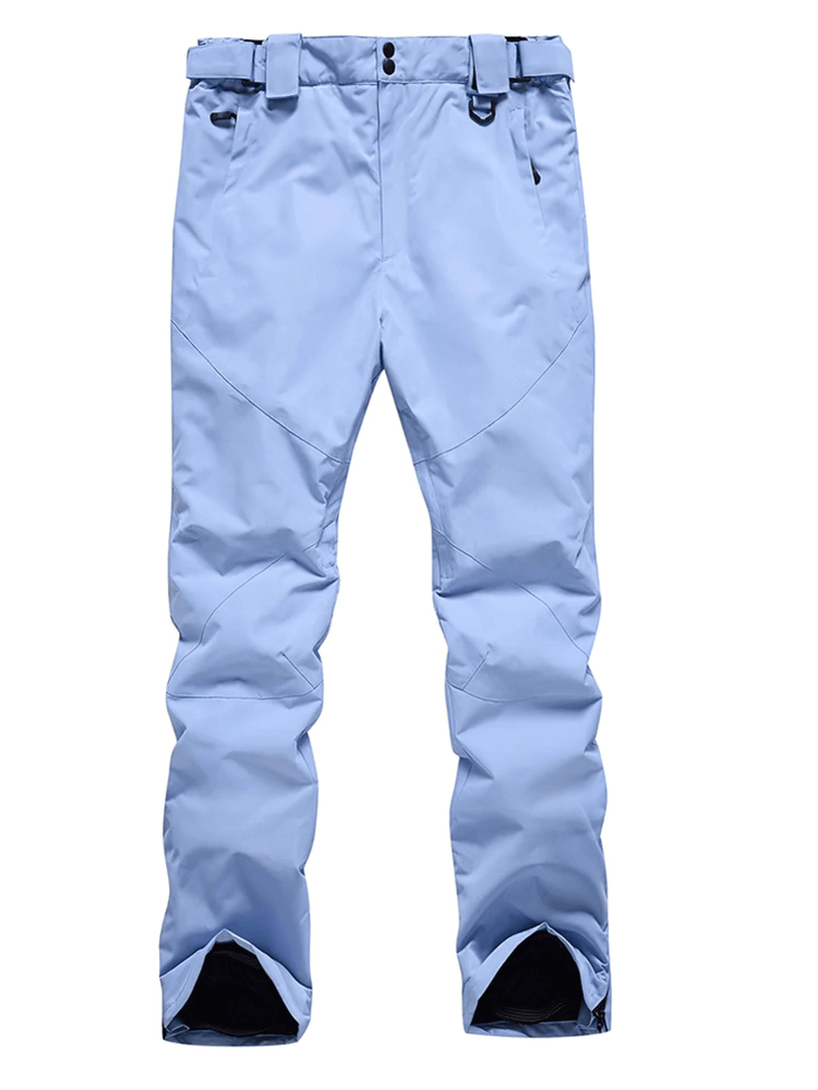 Light blue men's ski pants, waterproof and windproof, with adjustable cuffs for outdoor sports.