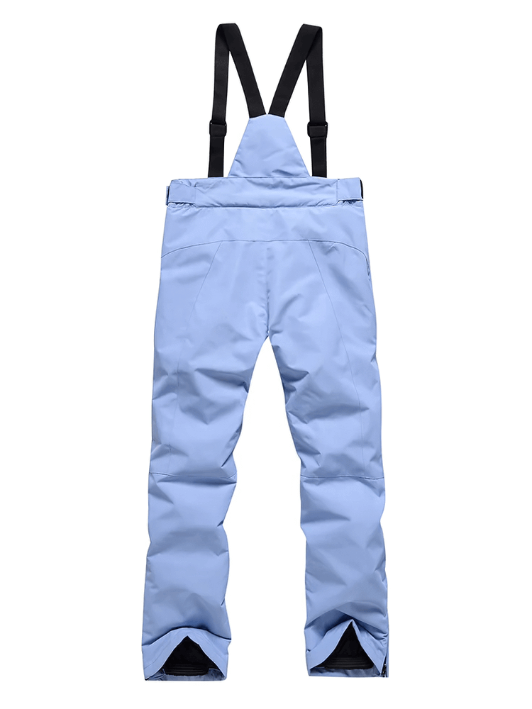 Light blue waterproof men's ski pants with suspenders, designed for durability and style on the slopes.