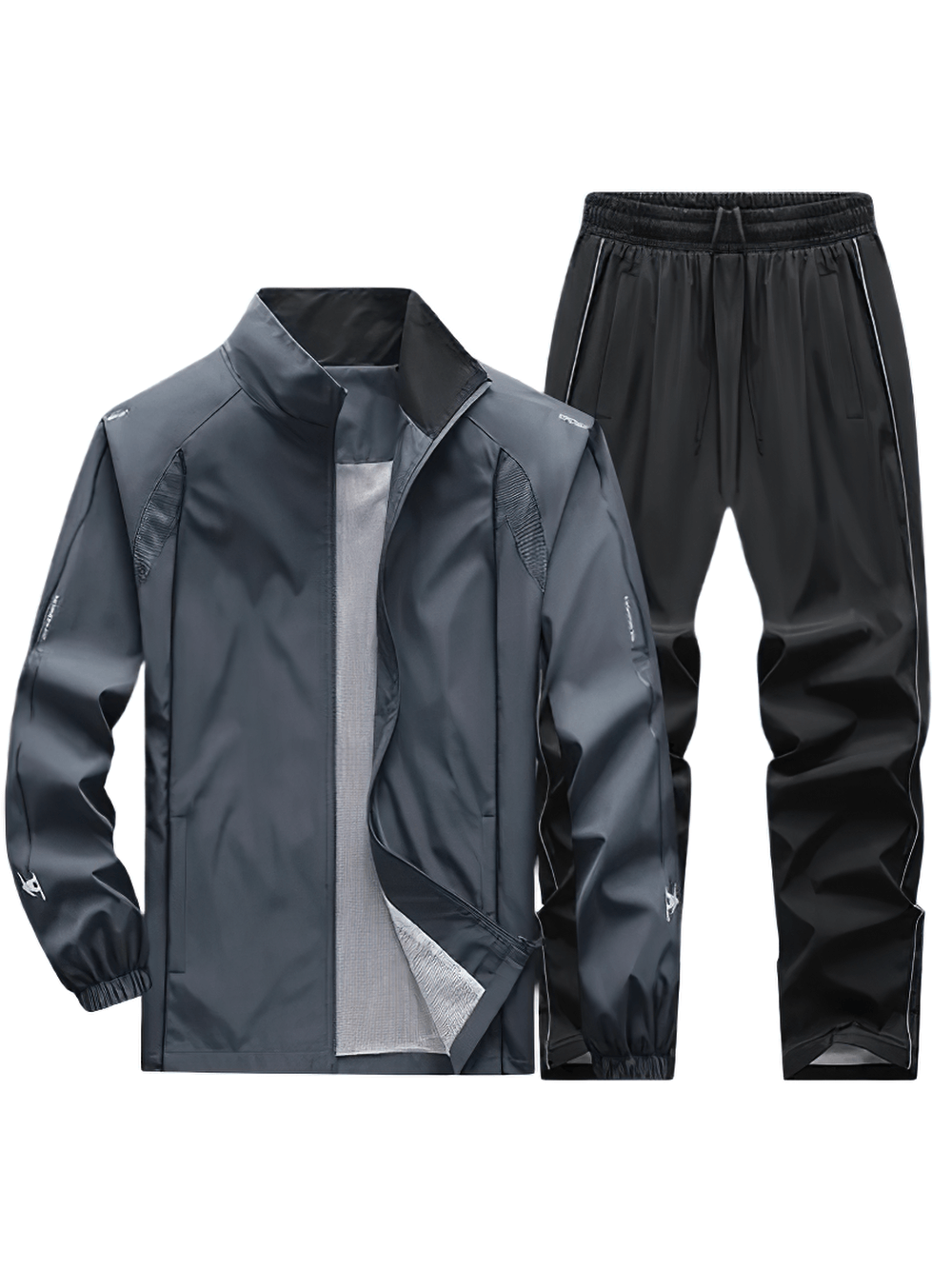 Sleek polyester mandarin collar zip tracksuit set with drawstring pants, printed accents, and functional pockets.
