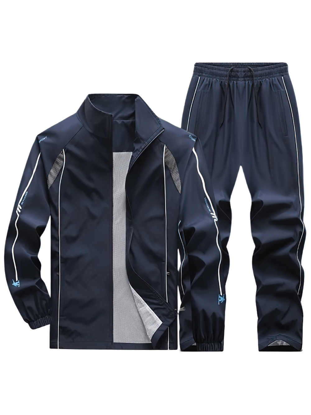 Mandarin collar zipper tracksuit set with drawstring pants, polyester fabric, and functional pockets, perfect for stylish activewear.