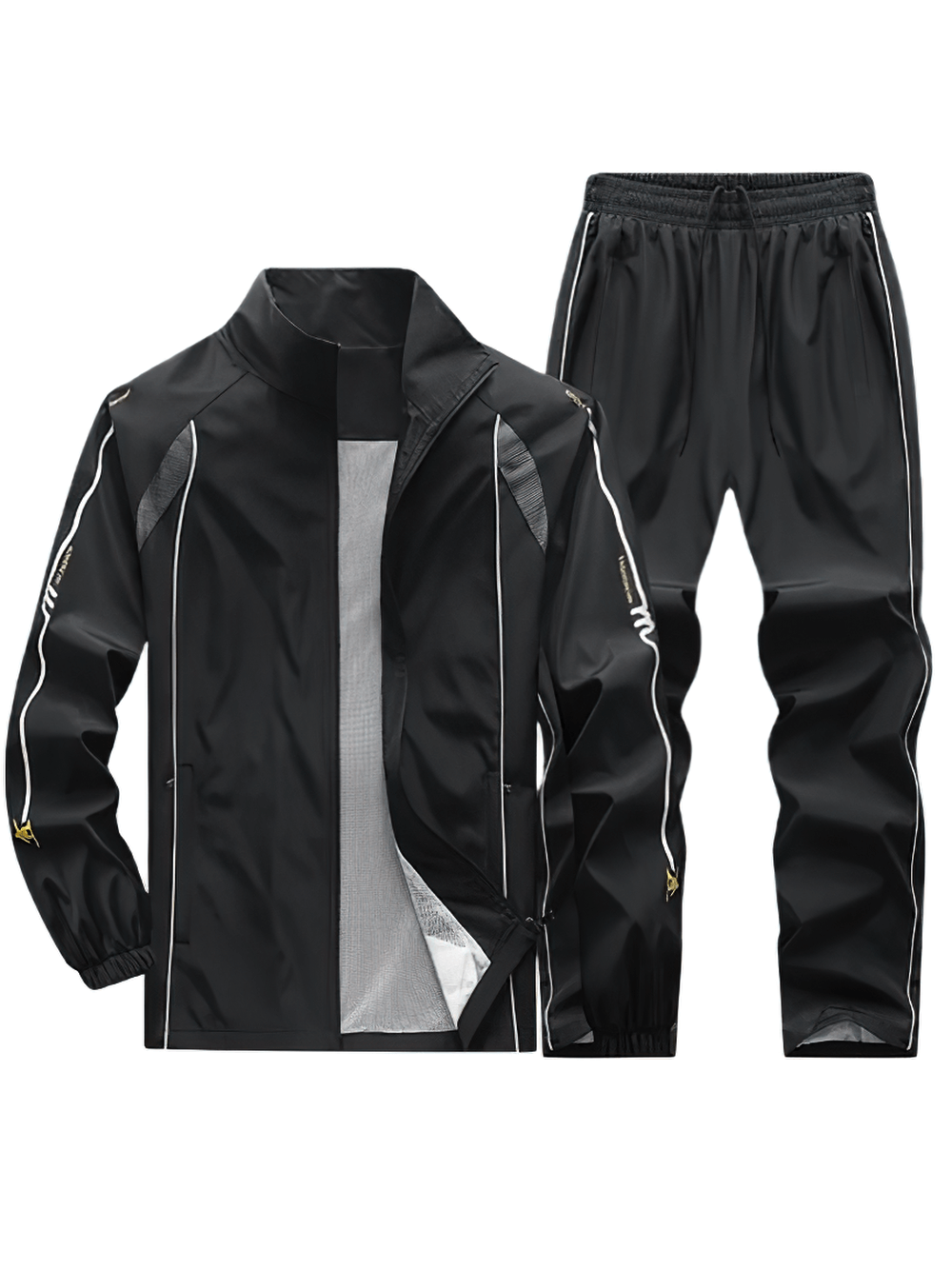 Mandarin Collar Zipper Tracksuit Set SF2278 with pockets, polyester with print, drawstring pants, stylish activewear, black color