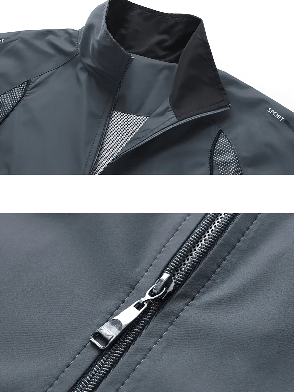 Close-up of mandarin collar and zipper on SF2278 tracksuit. Polyester fabric with sporty details.