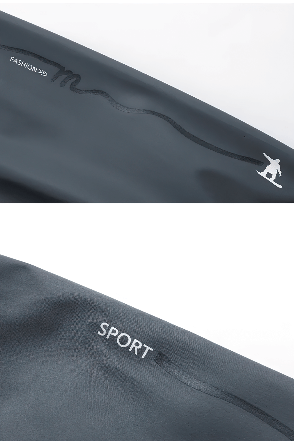 Close-up of Mandarin Collar Zipper Tracksuit Set with fashion and sport prints on polyester fabric.