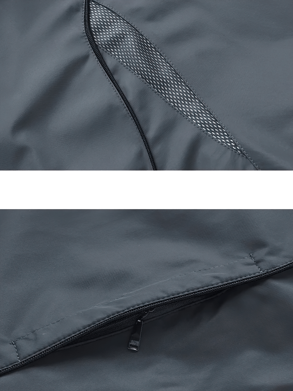 Close-up of black polyester tracksuit with zipper and mesh pocket detail, showcasing stylish functionality.