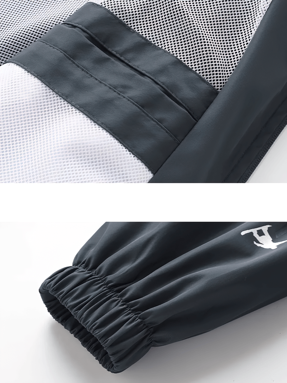 Close-up of SF2278 tracksuit's mandarin collar and elastic cuff detail, showcasing print accents and durable polyester fabric.