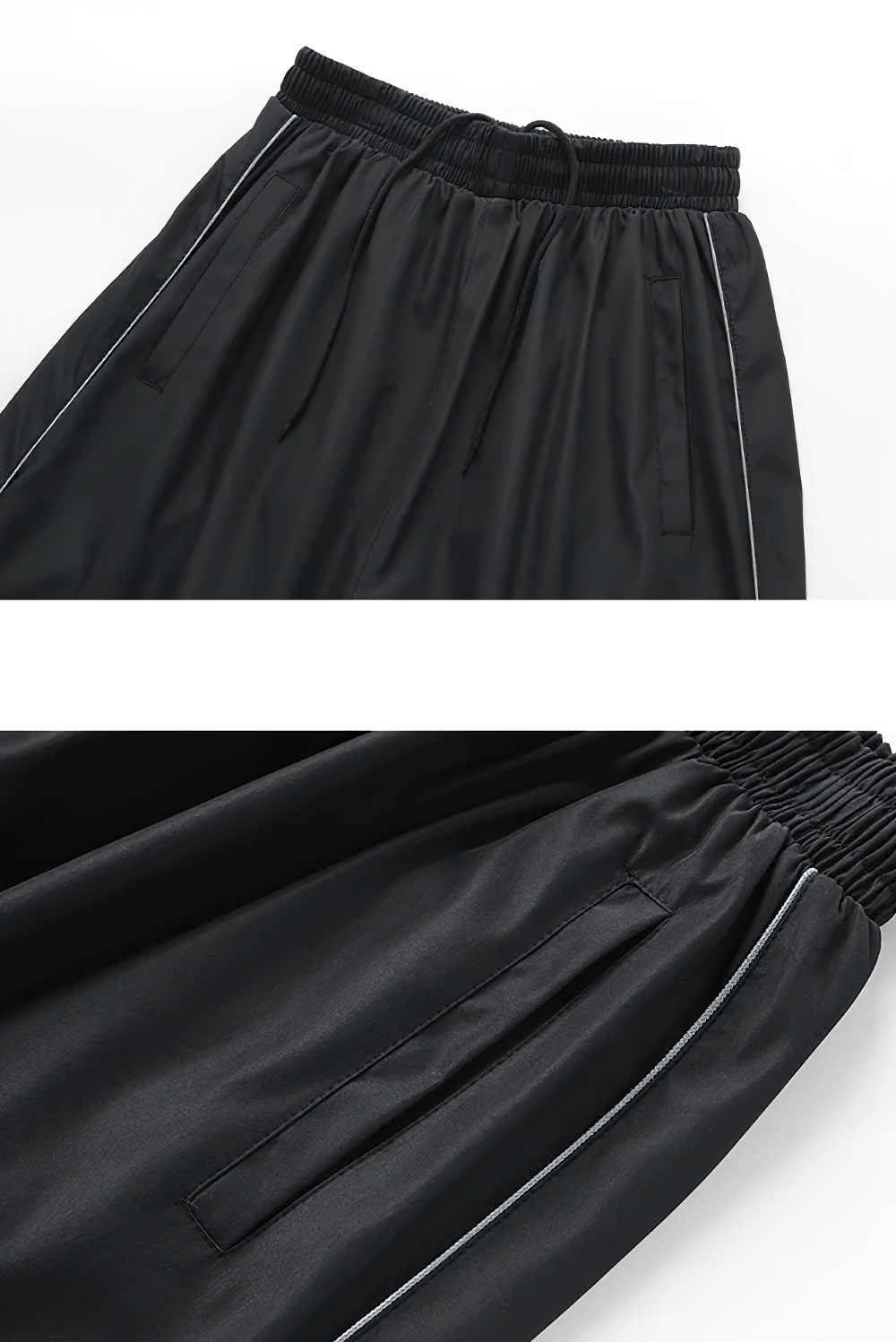 Close-up of black polyester drawstring pants from mandarin collar zipper tracksuit set SF2278, featuring side pockets and sleek design.