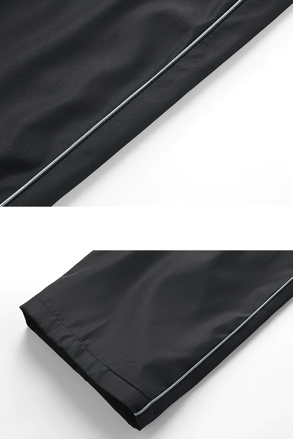 Close-up of Mandarin Collar Zipper Tracksuit Set's black drawstring pants with stylish side piping, showcasing durable polyester fabric.