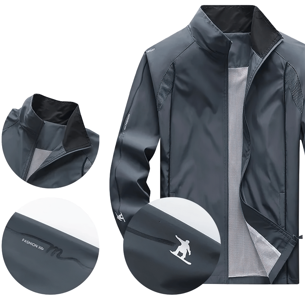 Stylish black mandarin collar tracksuit jacket with zipper, polyester fabric, and printed accents. Perfect for activewear enthusiasts.