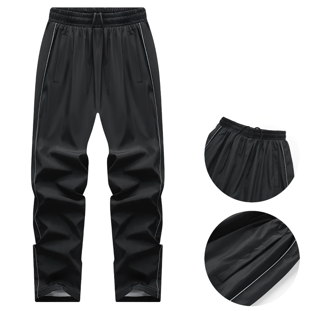 Black drawstring tracksuit pants with pockets, featuring detailed views of waistband and side stitching.