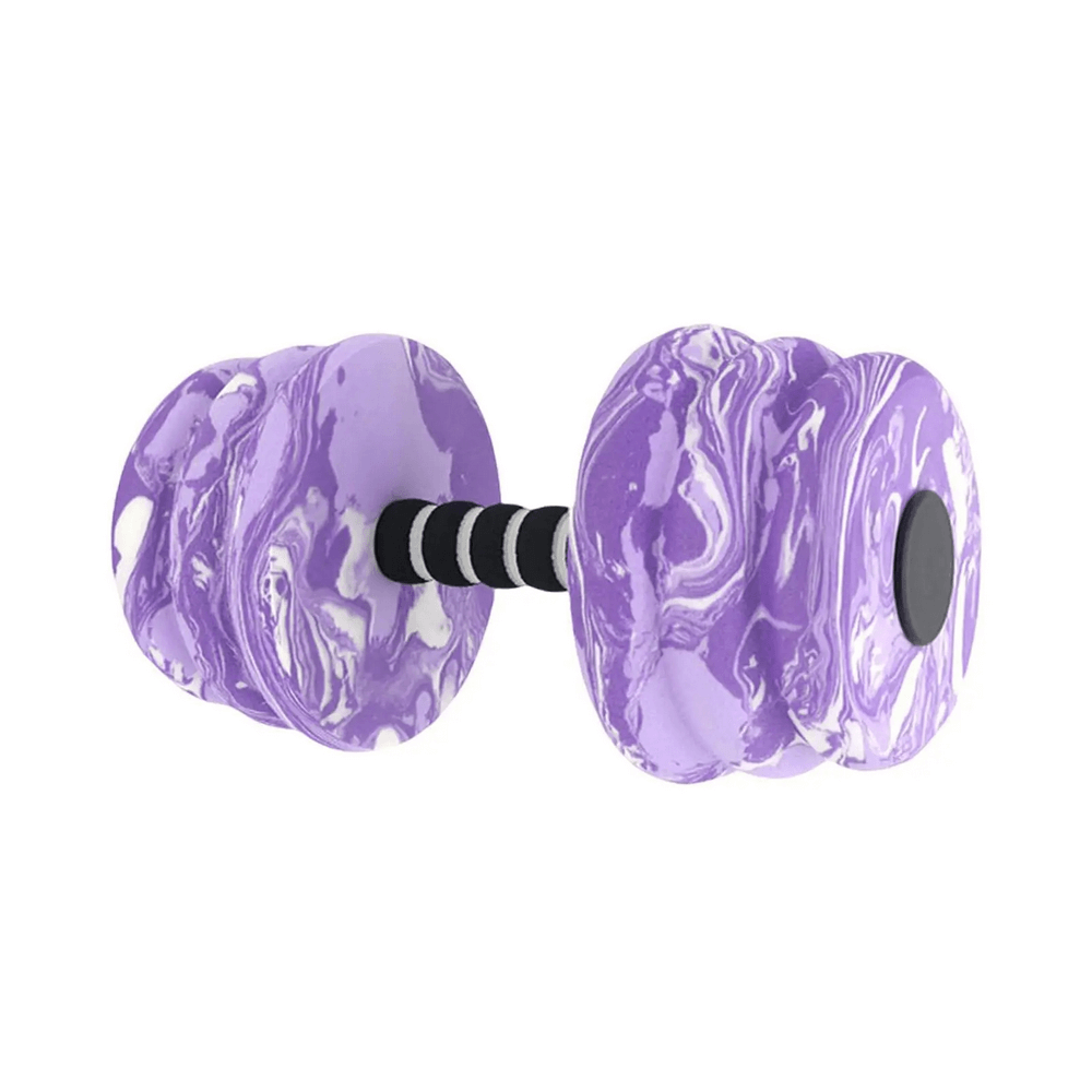 Marble-effect aquatic dumbbell for water workouts and resistance training, featuring a purple swirl design. Lightweight and portable.