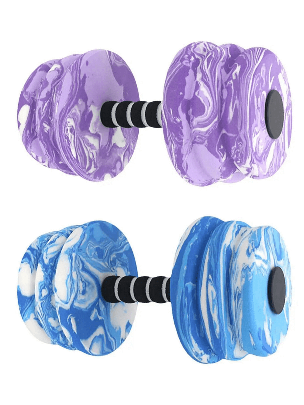 Purple and blue marble-effect aquatic dumbbells for water exercise, lightweight resistance training in pool.