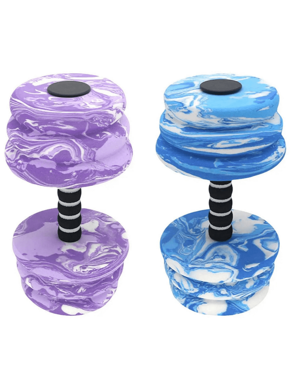 Purple and blue marble-effect aquatic dumbbells for water exercise, ideal for resistance training and aquatic workouts.