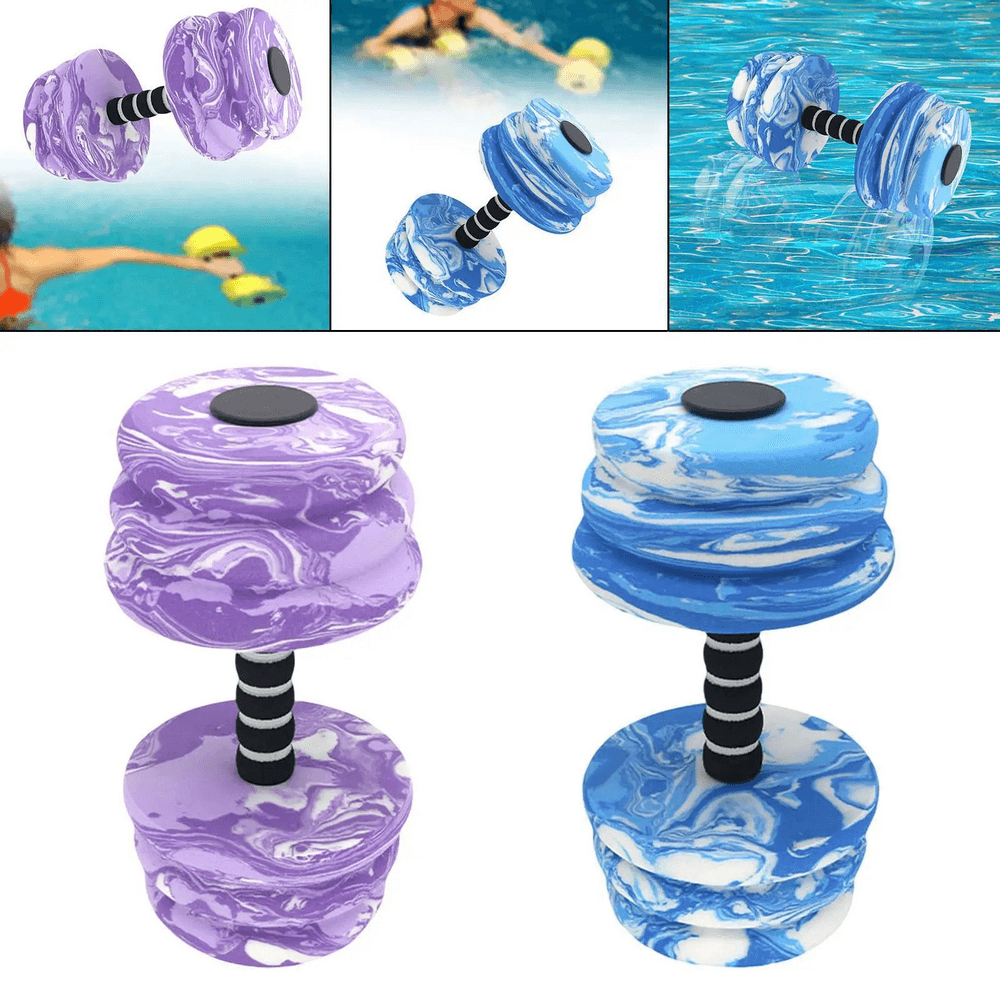 Marble effect aquatic dumbbells in purple and blue for pool workouts and resistance training.