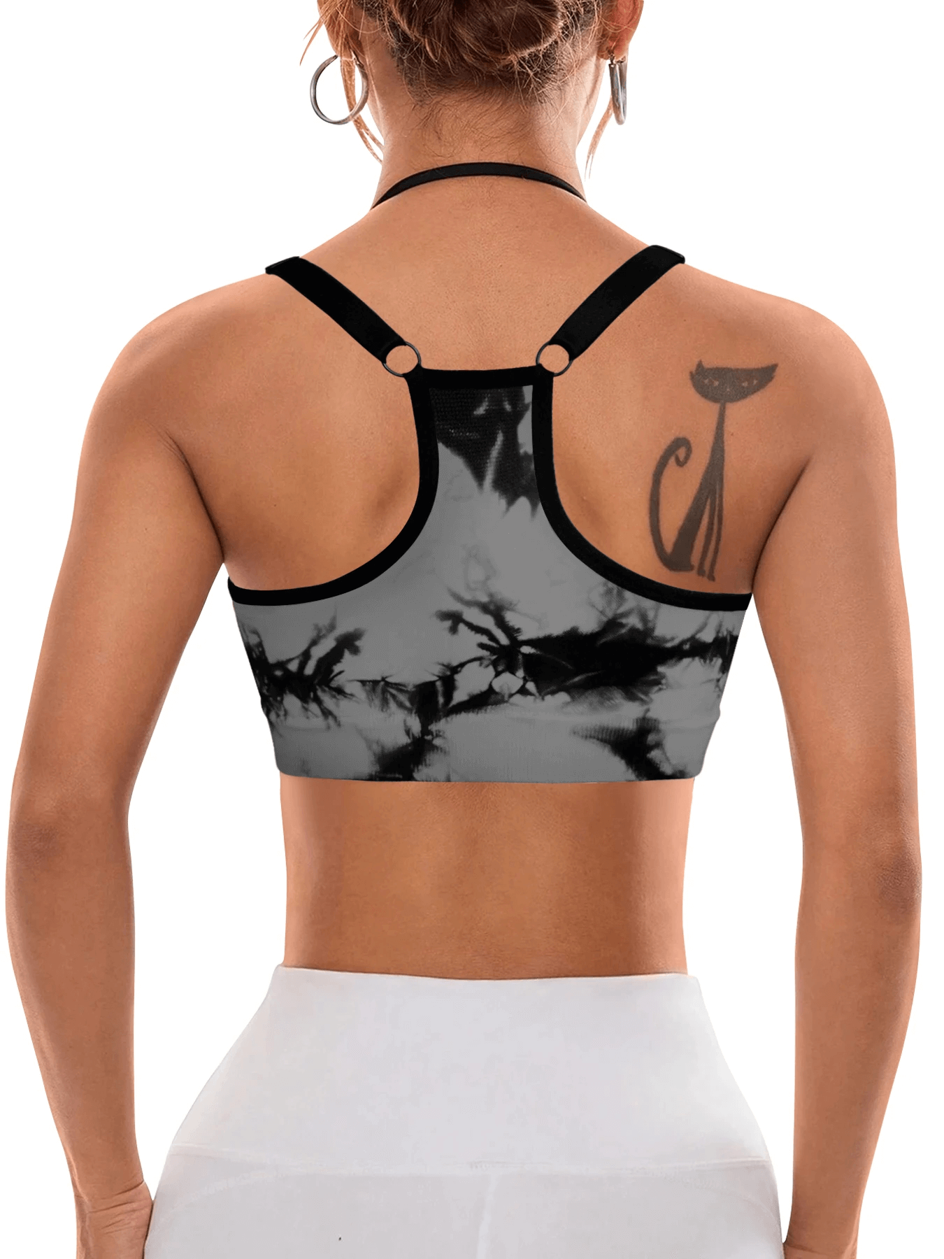 Rear view of black Marble Print Racerback Sports Bra with Pads - SF4070 featuring breathable mesh lining and stylish marble pattern.