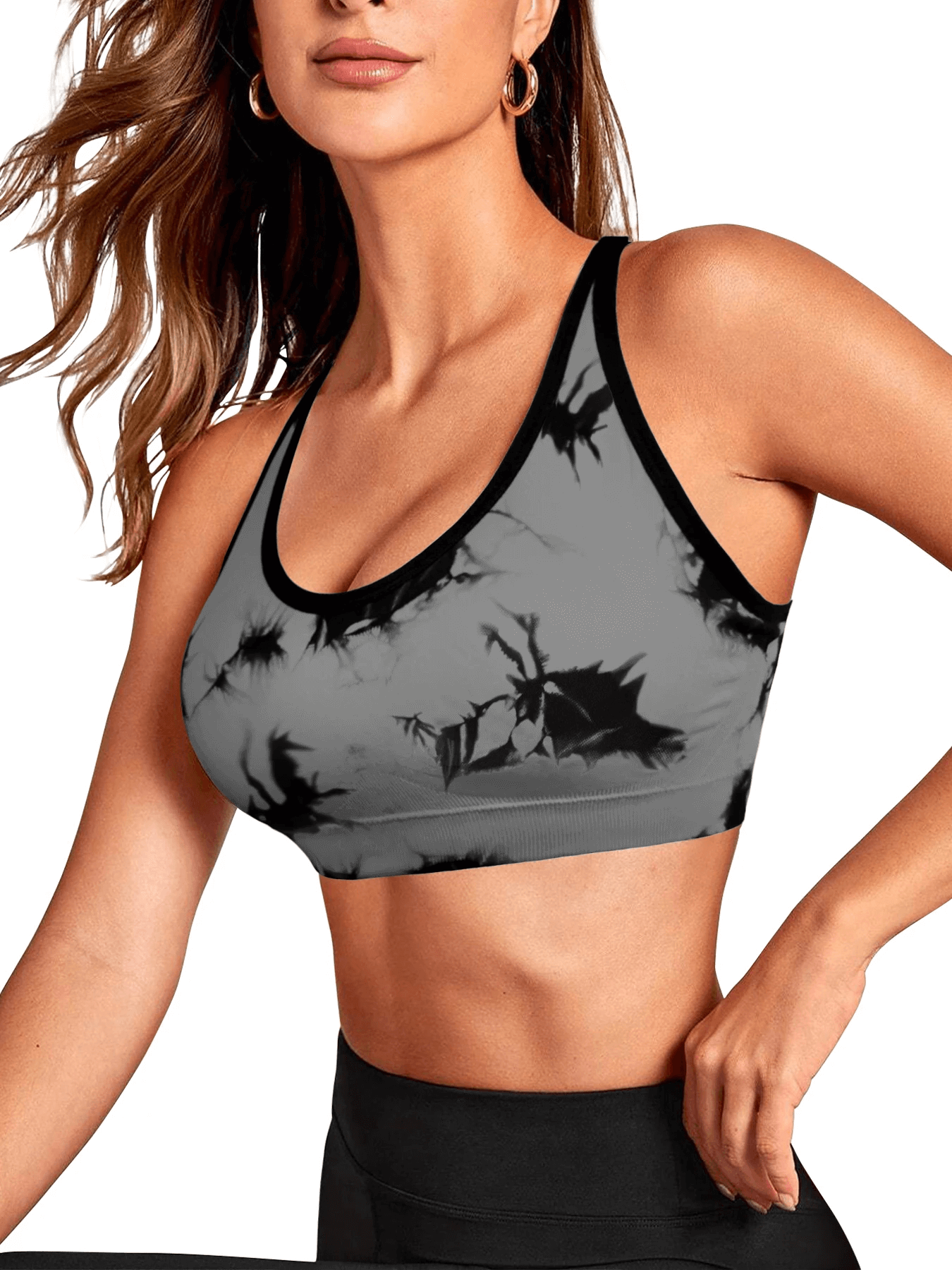 Woman wearing Marble Print Racerback Sports Bra with Pads - SF4070, ideal for yoga and running with breathable mesh lining.