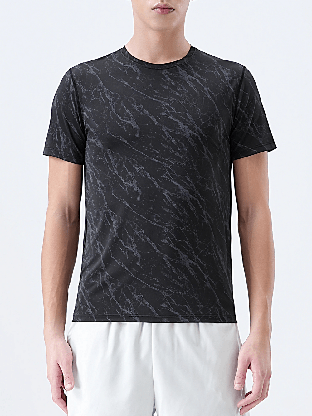 Marble Print Running T-Shirt with Short Sleeves - SF4627 in grey marble pattern, perfect for outdoor sports and training.