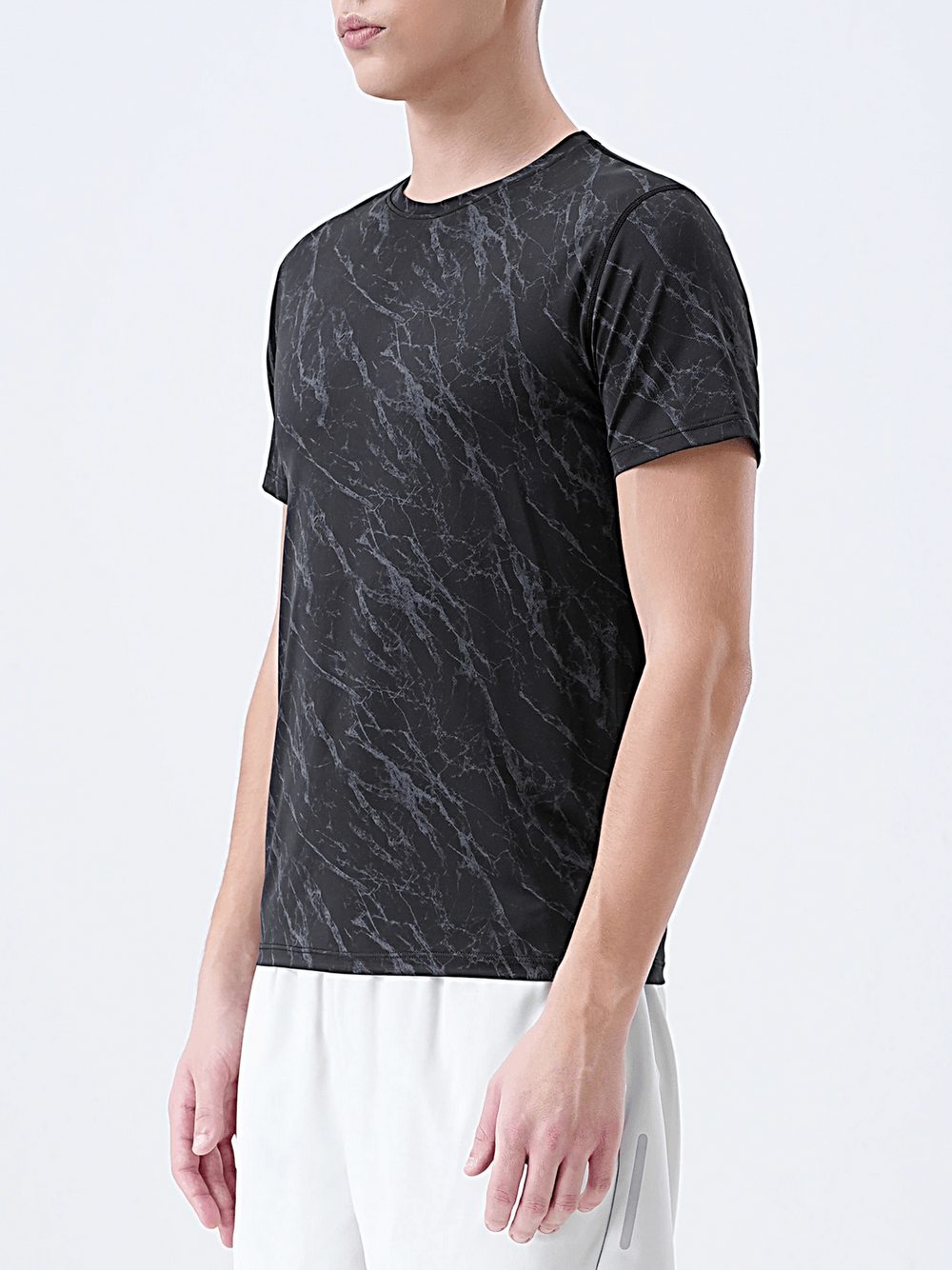 Marble Print Running T-Shirt with Short Sleeves - SF4627 modeled by a man, showcasing a grey marble pattern and short sleeves.