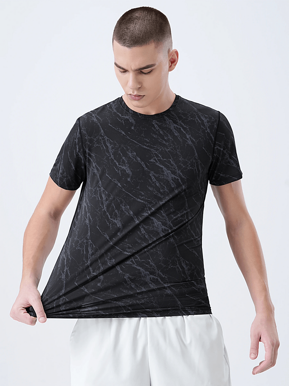 Marble Print Running T-Shirt with Short Sleeves - SF4627 featuring a stylish grey marble pattern for activewear.