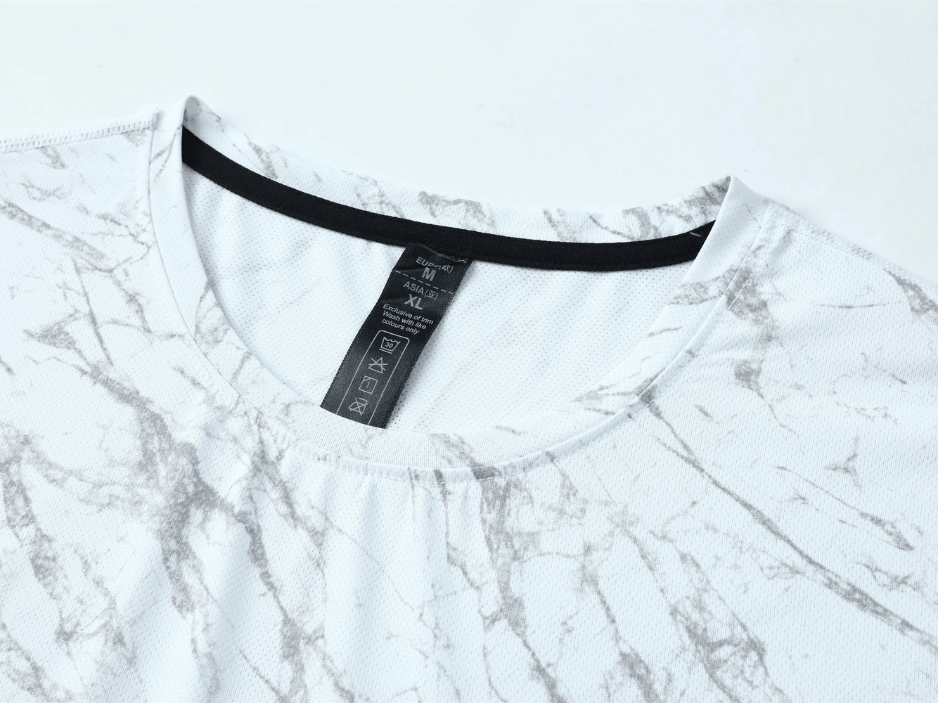 Marble Print Running T-Shirt with Short Sleeves - SF4627 close-up view of neckline and grey marble pattern.
