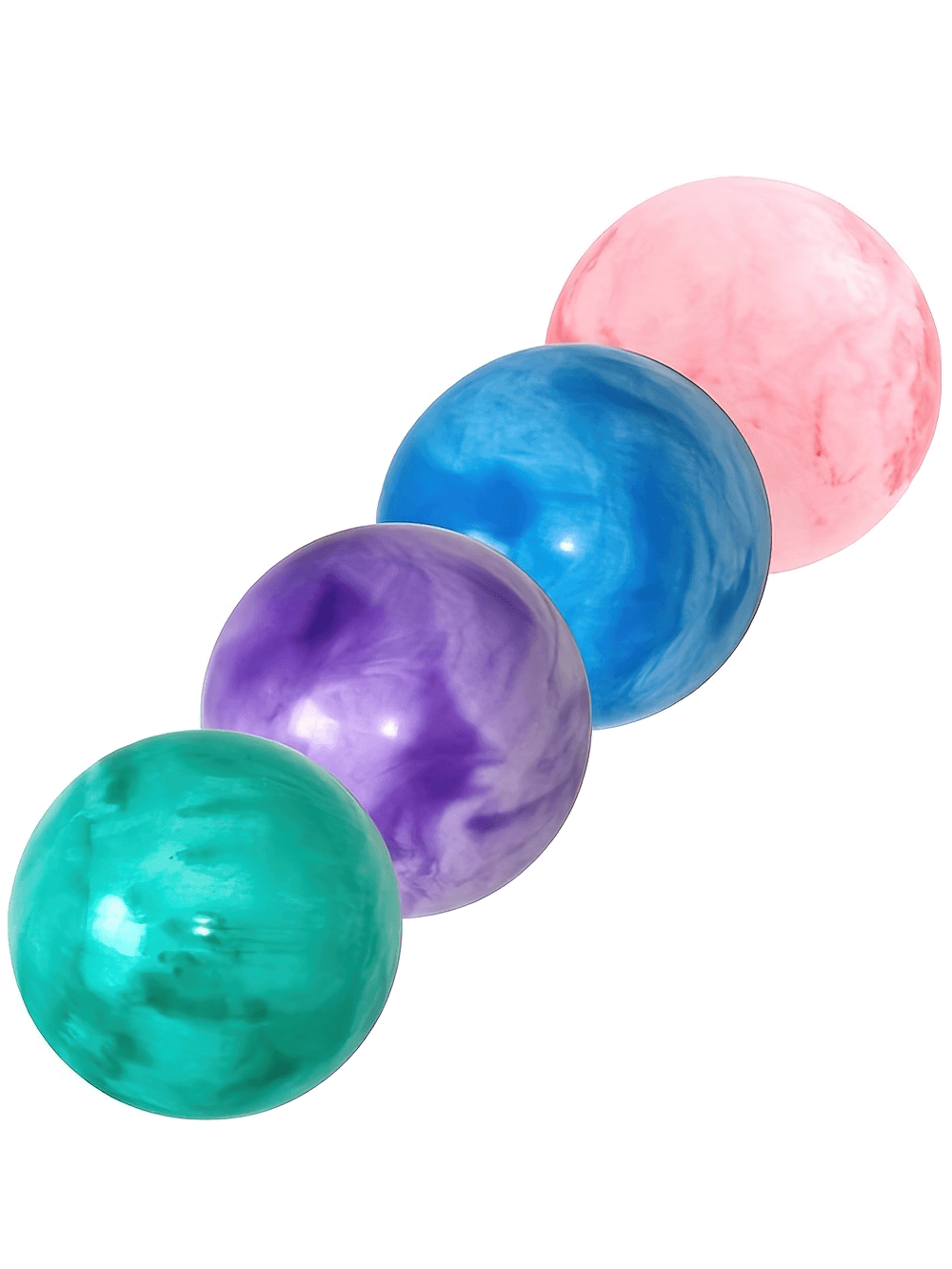 Vibrant marble-textured yoga and Pilates balls for balance and toning, featuring green, purple, blue, and pink designs.