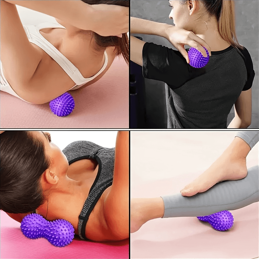 Peanut-shaped spiky massage ball for deep tissue relief on back, neck, and feet. Perfect for yoga, fitness, and relaxation sessions.