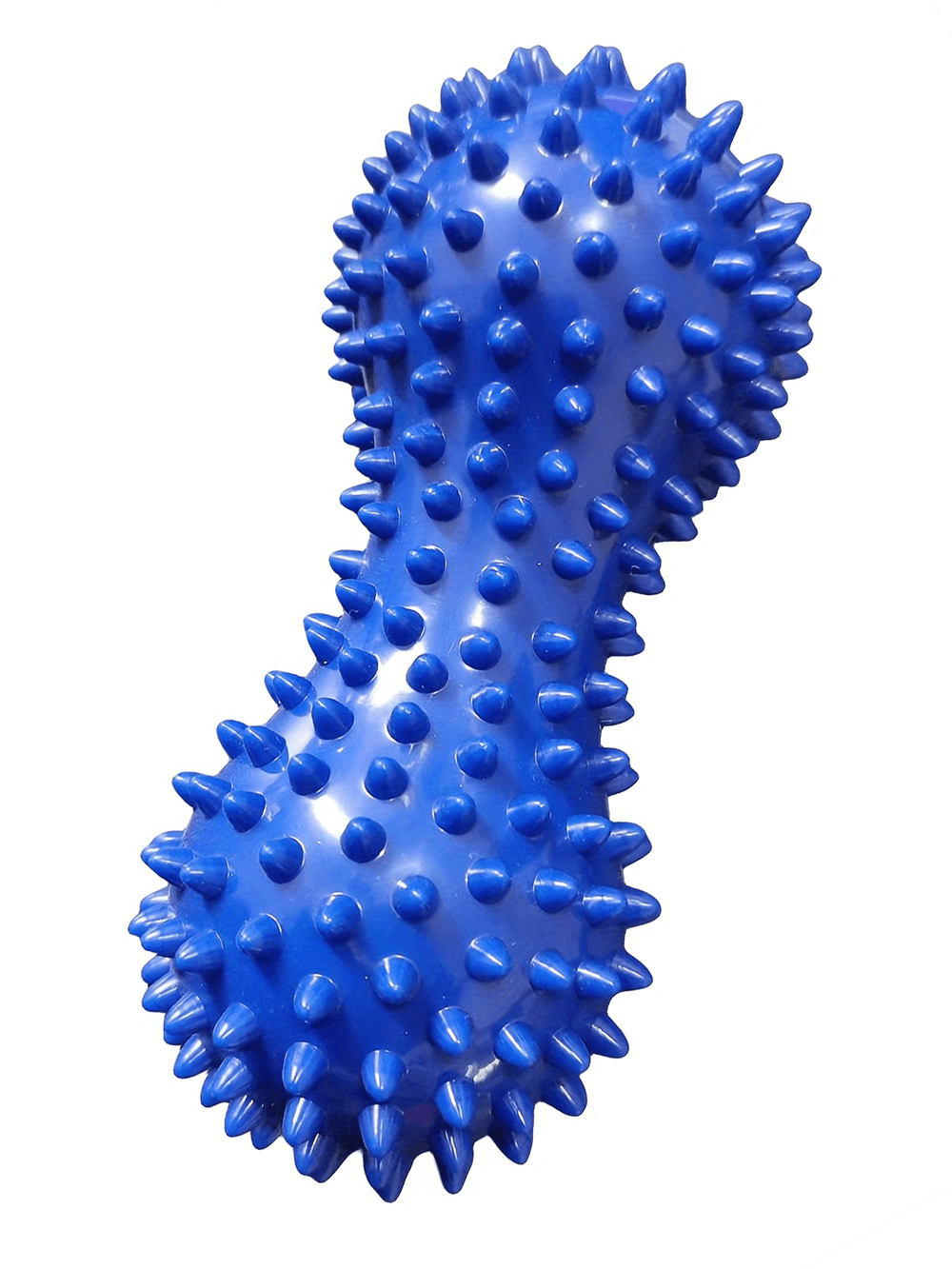 Blue spiky peanut-shaped massage ball for deep tissue muscle relief, perfect for foot, back, and body massage. Portable therapy tool.