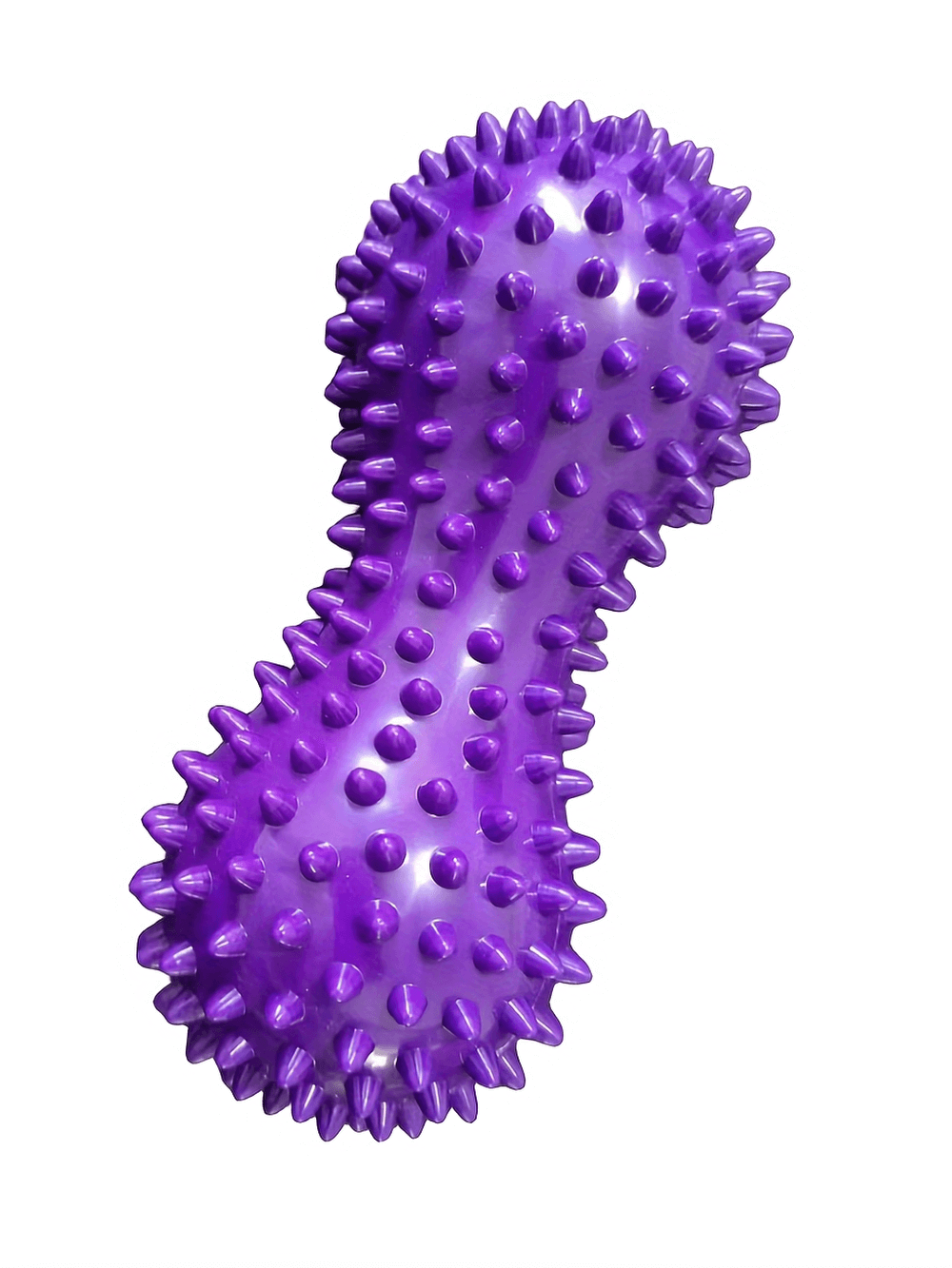 Spiky purple peanut-shaped massage ball for deep tissue muscle relief and circulation.